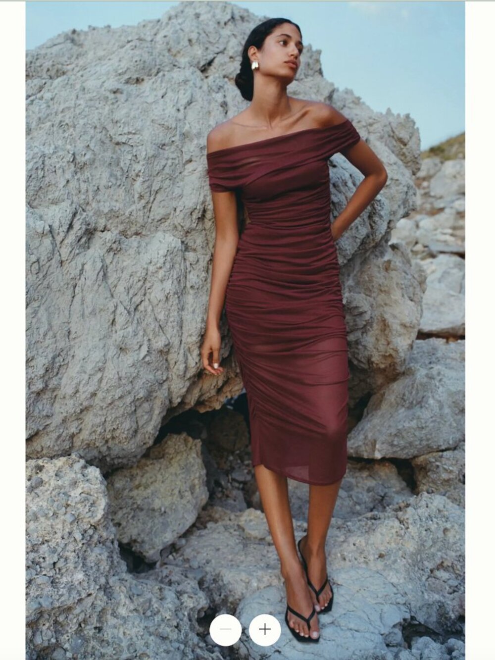 Loretta Off‑Shoulder Mesh Burgundy Slim Midi Dress — Anthropologie — Size M